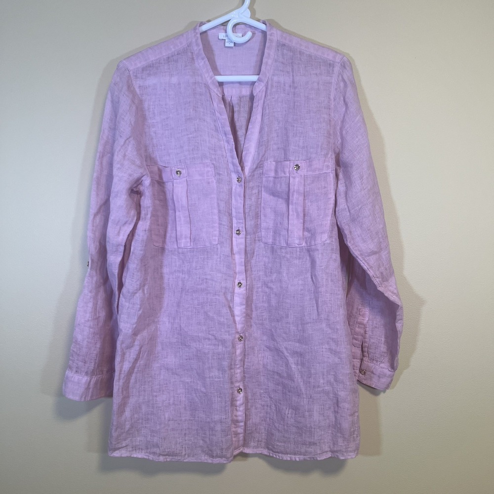 J Jill Love Linen Women's Top Tunic Blouse Size Medium Pink Gold Buttons V Neck